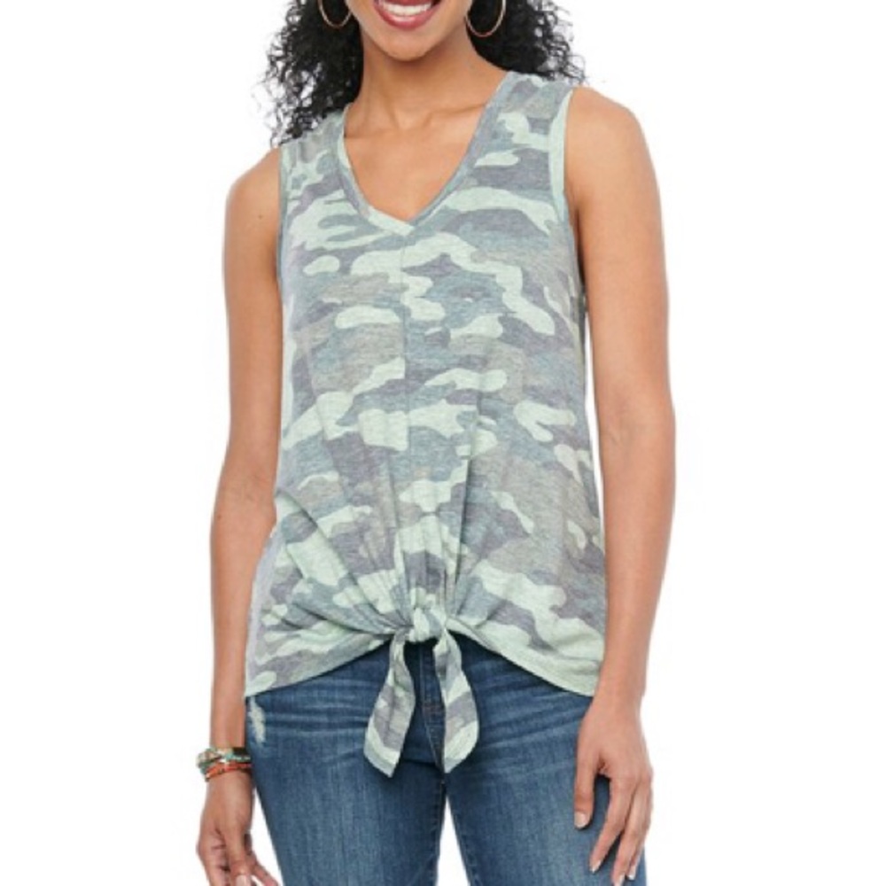 Democracy Camo Tie-Front Tank Top - Green and Gray